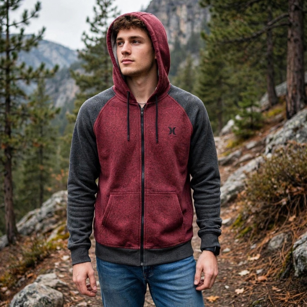 Hurley Full Zip Hoodie Heathered Red Gray Raglan Sweatshirt Comfy Mens L